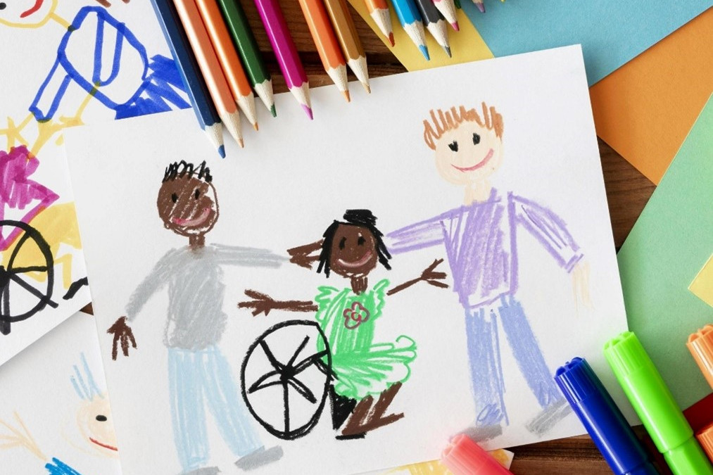 dessin d'enfants dont un handicapé